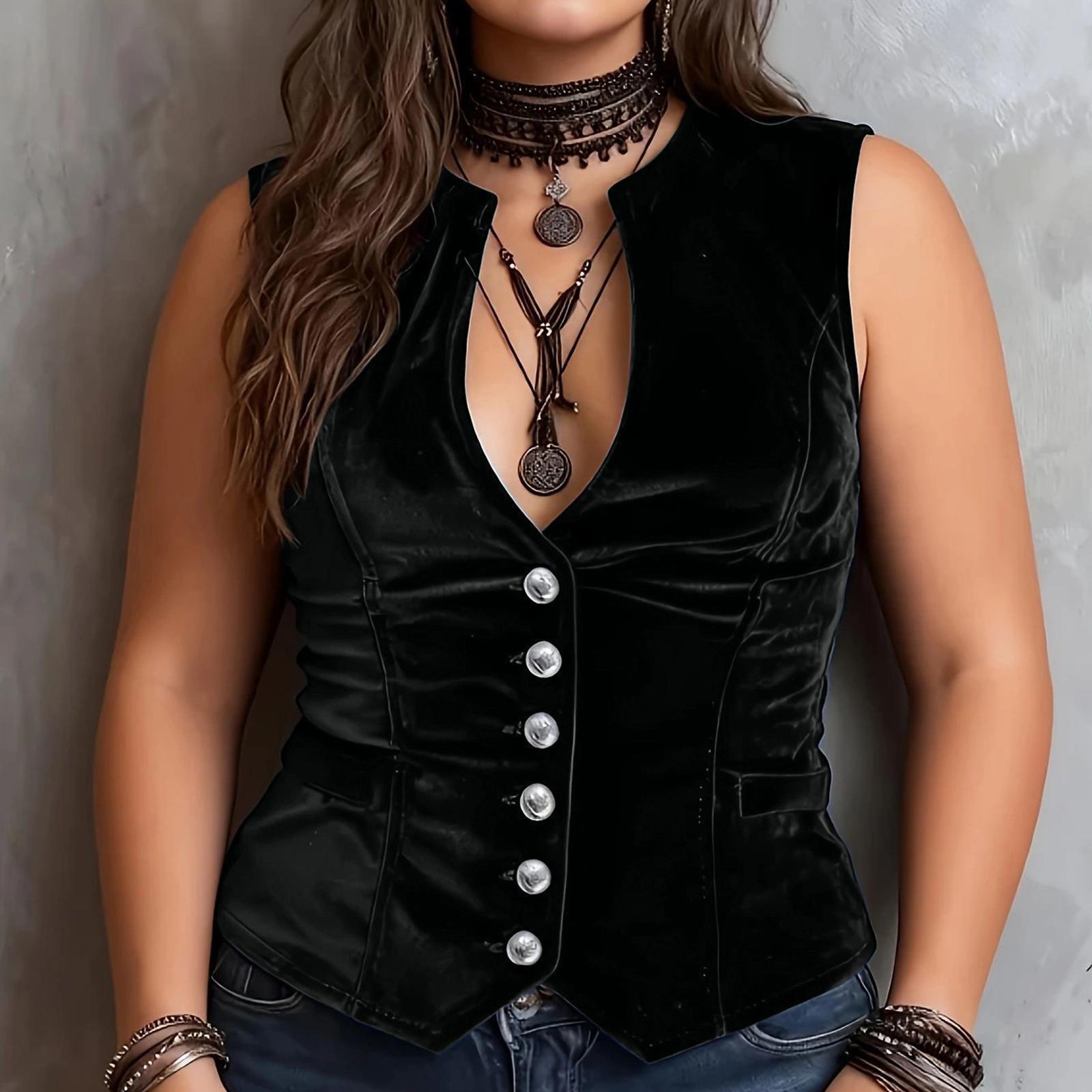 Women s Plus Size Velvet V-Neck Button Sleeveless Blouse XXL