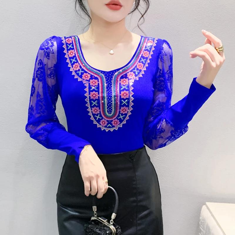 

Весна Осень Европейская Одежда Женская Футболка Сексуальное Кружево Длинный Рукав Сетка Топы Шик Винтаж Роскошь Горячие Бриллианты Футболки Рубашки M синий