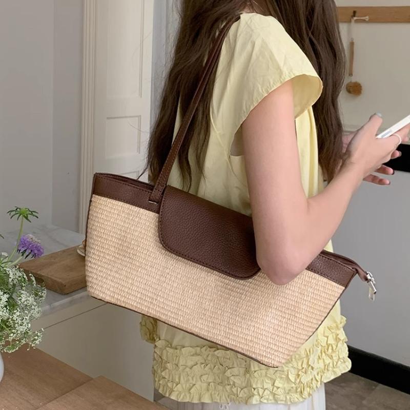 Retro Vacation Beach Straw Shoulder Bags for Women Casual Elegant Ladies Woven Armpit Tote Bag Simple Patchwork Female Handbags