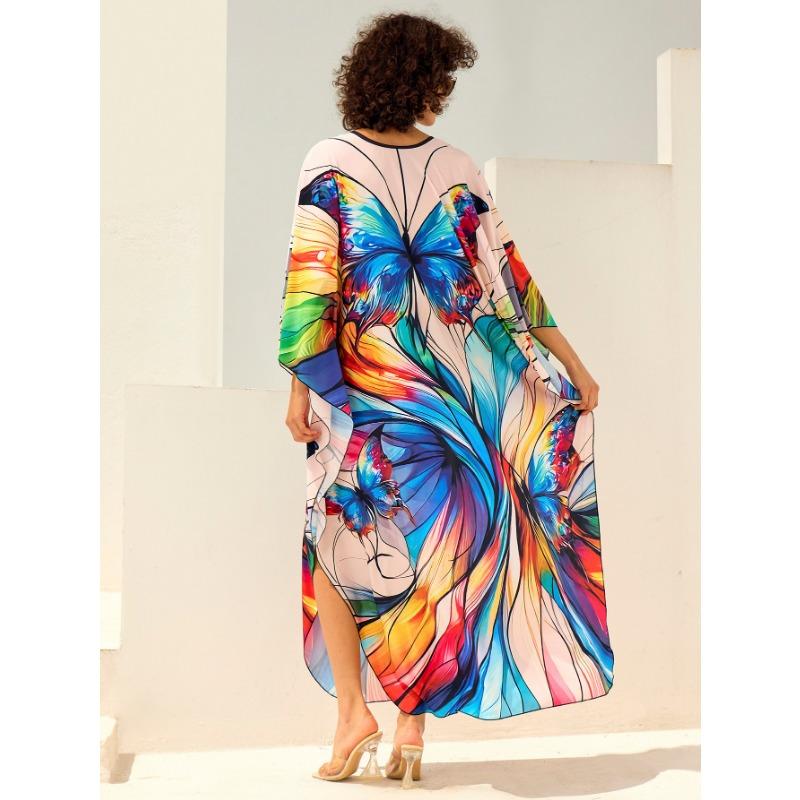 Women's Fashion Summer Spring Feather Print 3/4 Sleeves V-Neck Loose Waistline Casual Dresses
