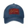 Believe Word Art In Gold Color Script Typography On Red Burgundy Background Baseball Cap Beach Anime Girl Unisexs