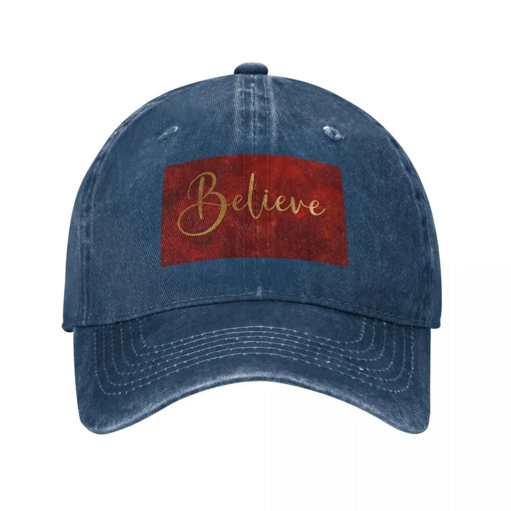 Believe Word Art In Gold Color Script Typography On Red Burgundy Background Baseball Cap Beach Anime Girl Unisexs