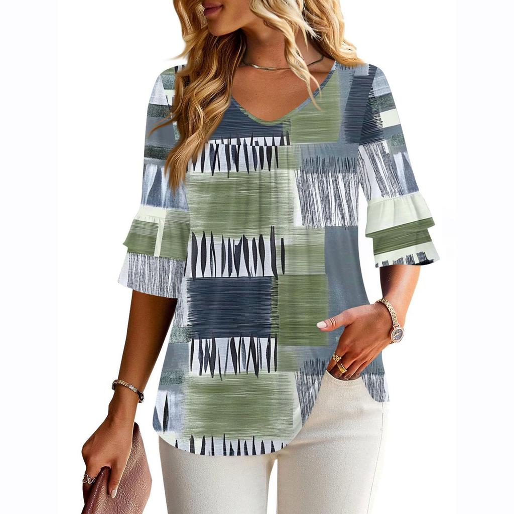 3/4 Length Sleeve Womens Tops Dressy Casual Blouses Bell Ruffle Sleeve Loose Fit Tunic Tops V Neck T Shirts