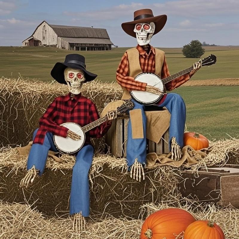 Dueling Banjo Playing Skeletons Halloween Decoration Set Illuminating Plastic Musicians For Home Yard Themed Parties