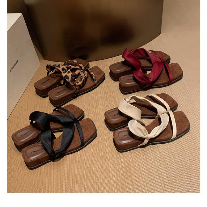 Sheepskin~ 4cm Height Increase Temperament Square Head Wrap with Sandals Slope Heel Thick-soled Slippers Women's Summer Sandals
