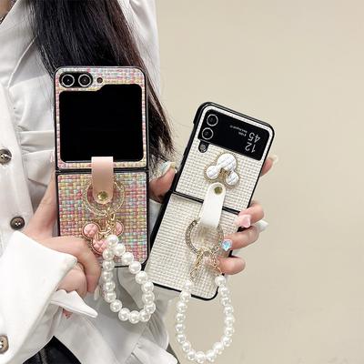 Custodia per Telefono a Flip con Motivo Intrecciato per Samsung Zflip5 Schermo Pieghevole Catena da Mano Perla Xflip Strass 4 Anelli