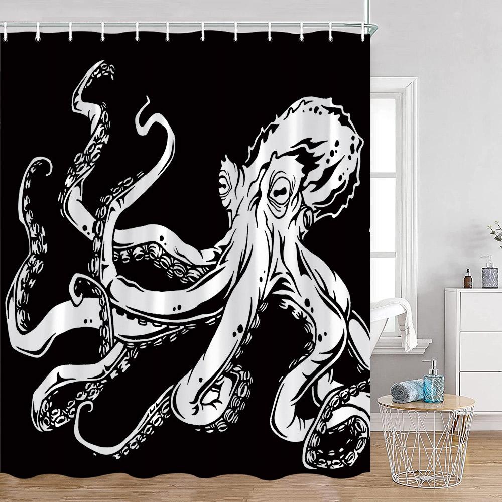 Octopus Shower Curtains Ocean Animals Funny Octupus Undersea World View Bathroom Curtain Nautical Bath Decorations with Hooks