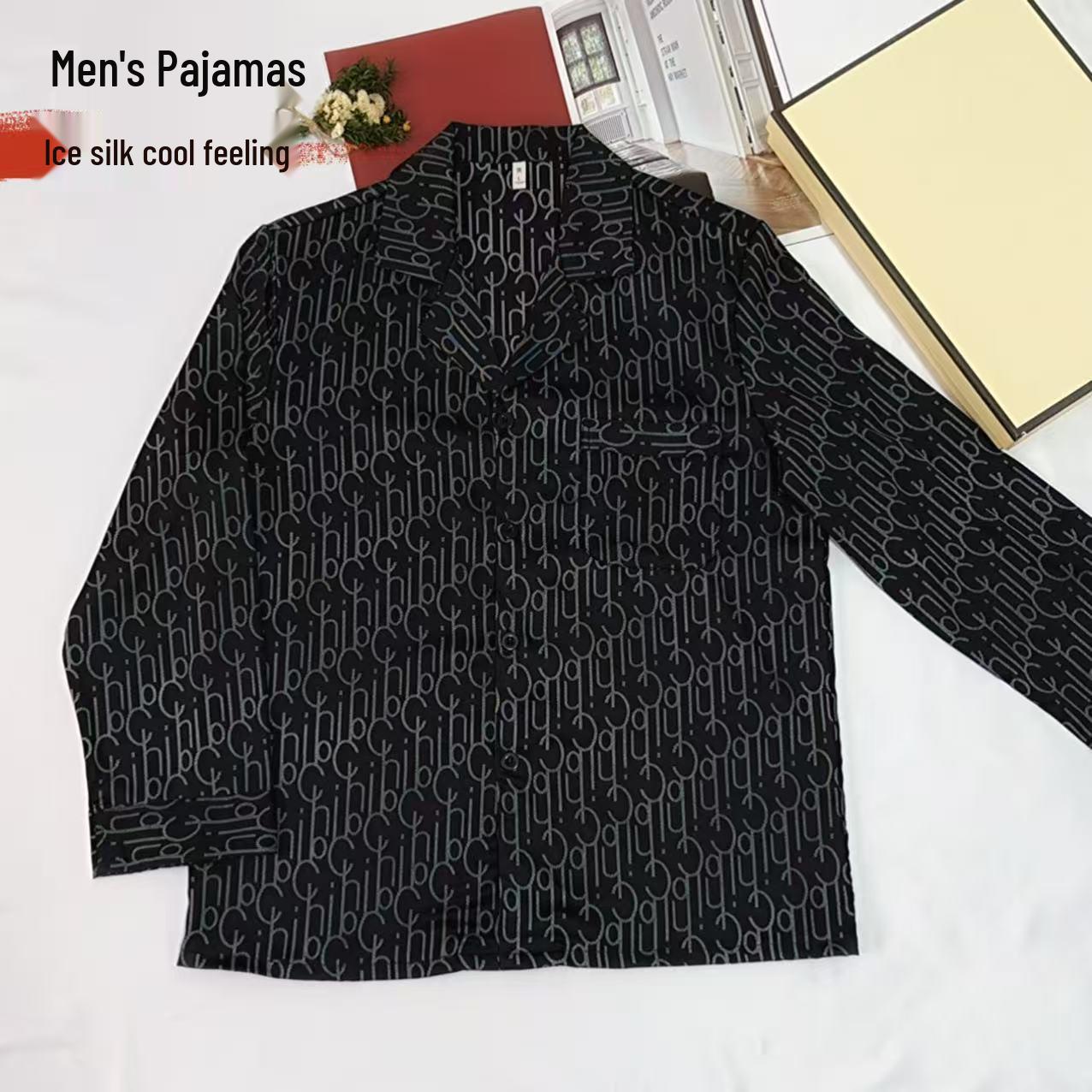 

Мужской осенний пижамный комплект из ледяного шелка: Свободная, Повседневная, Домашняя одежда высокого класса L чёрный