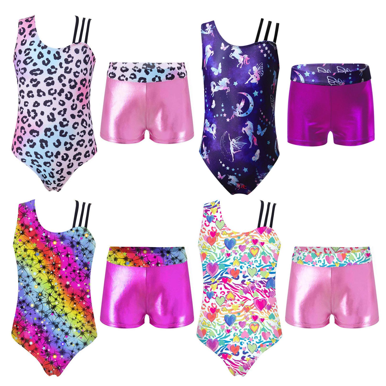 

Дитячі дівчата Асиметричні бретельки Трико з шортами Комплект одягу Гімнастичні спортивні костюми для йоги та танців 3-4 Years рожевий