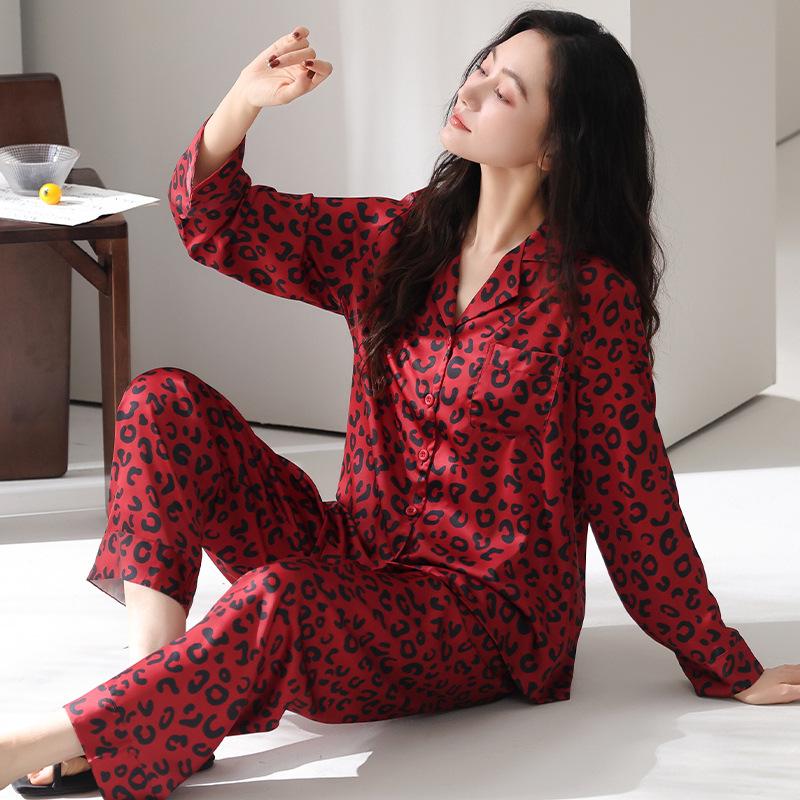 Pajamas women spring and autumn spring ice silk long-sleeved trousers loungewear natal year red leopard print suit can be worn outside