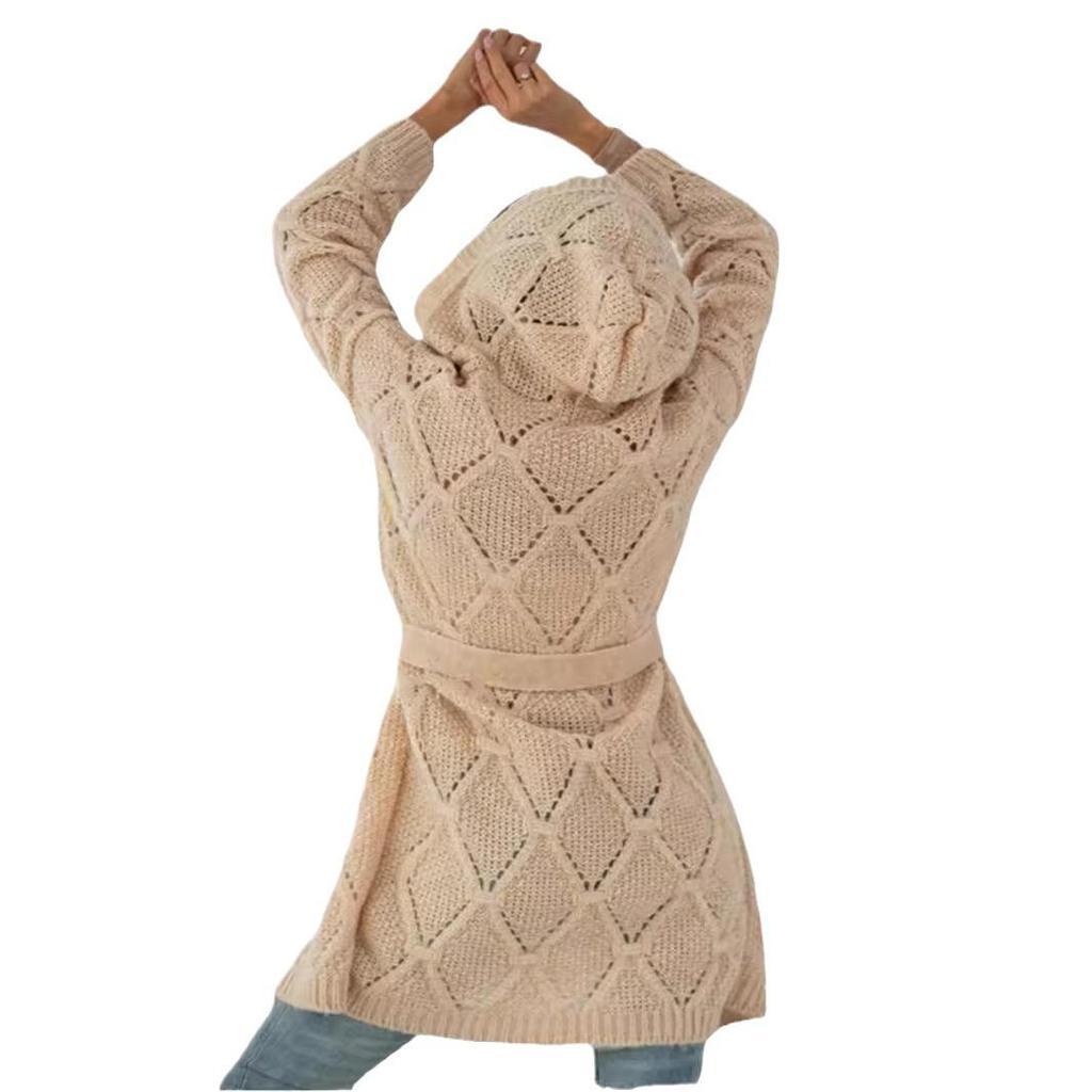 Women's Plus Size Knitted Hoodie Cardigan with Belt - Long Sleeve, 8 Color Options, 2024 Collection