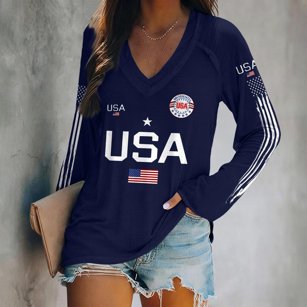 Sweter z długim rękawem i dekoltem w serek z nadrukiem liter USA i grafiką flagi, luźny top w stylu unisex dla kobiet i mężczyzn, wygodny, lekki design
