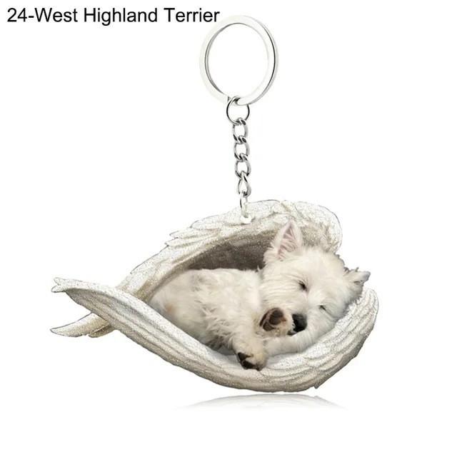 

Hanging Acrylic Ornament Keychain Cute Sleeping Angel Dog And Cat Pendant Wing West Highland Terrier