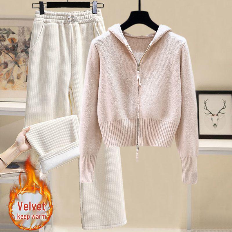 Sweet Autumn & Winter Women's Double Zipper Hooded Knitted Sweater Set
