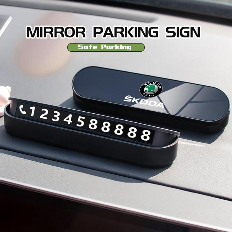 AAFO1 Hidden Mobile Phone Number Plates Car Logo Temporary Parking Signs Accessories For Skoda S Kodiaq Octavia 2 3 Yeti Karoq Rapid