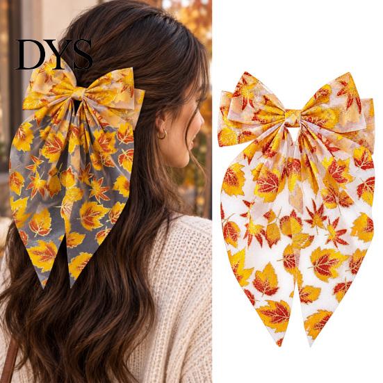 Fall Outfit Accessories Maple Leaf Hair Bows for Women Girls, Autumn Leaves Clips, Large Bowknot Ponytail Holder Barrettes, Gold Hairpin with