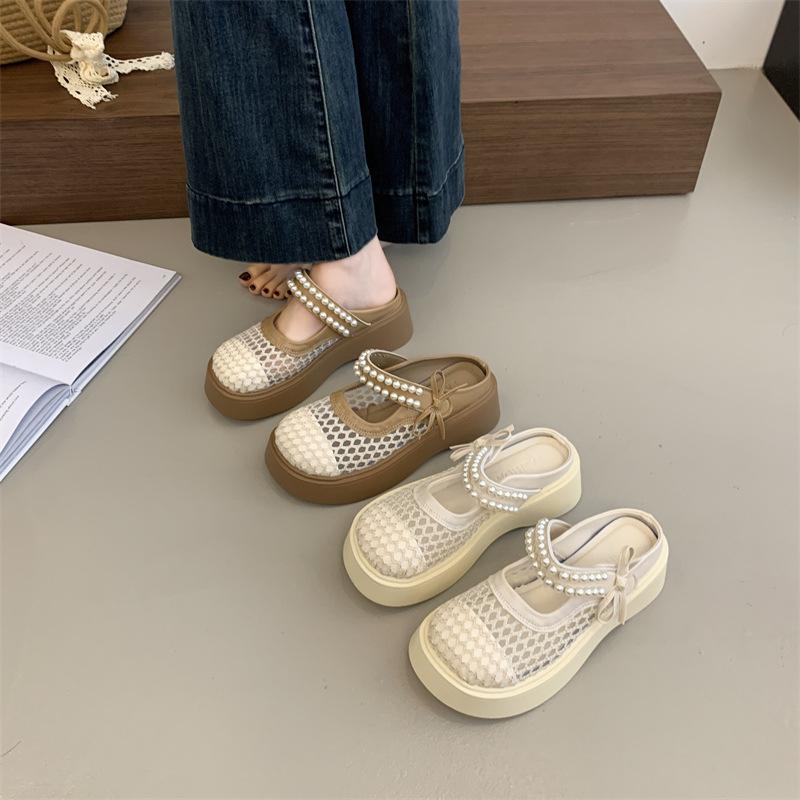 Thick-soled bag head half slippers women's outer wear 2025 new summer fashion breathable mesh slippers muffin sole height-increasing shoes