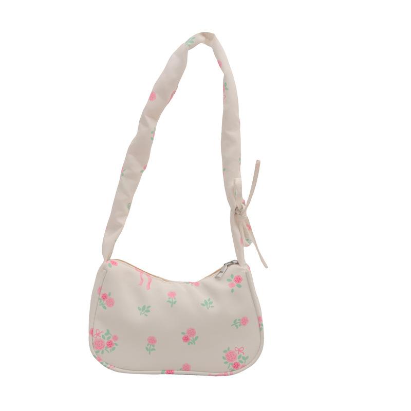 Women's Underarm Bag Summer Canvas Pleated Handlebags Armpit Purse FloralBow Printed Zipper Tote Handbag Female Shoulder Bag