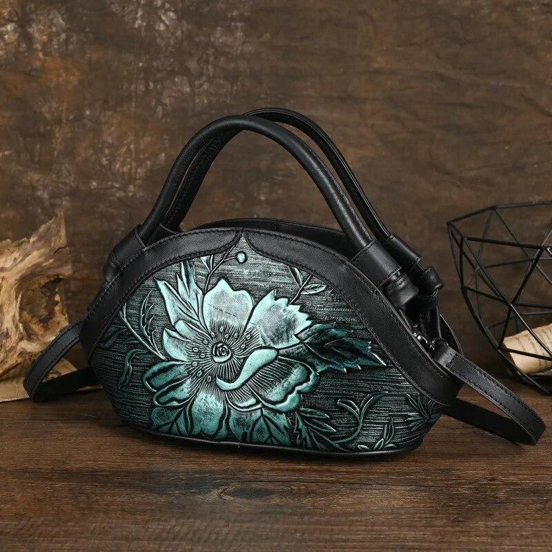 Johnature Ретро-сумка Жіноча сумка з натуральної шкіри ручної роботи з тисненням Універсальні сумки через плече та через плече з коров'ячої шкіри