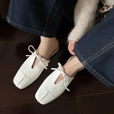 Mode Nouveaux Mules d'Été pour Femmes Chaussures en Cuir Véritable pour Femmes Bout Carré Talon Épais Sandales Modernes Bout Couvert Lacets Pantoufles pour Femmes