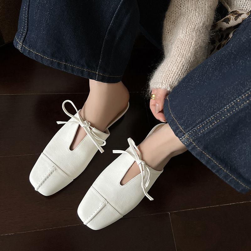 Fashion New Summer Women Mules Genuine Leather Shoes for Women Square Toe Chunky Heel Modern Sandals Cover Toe Lace-up Women Slippers