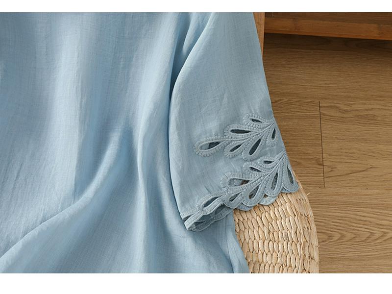 Stylish Blue Ramie Top: Unique & Loose Fit, Pretty Short-Sleeved Shirt for Women, Summer 2025