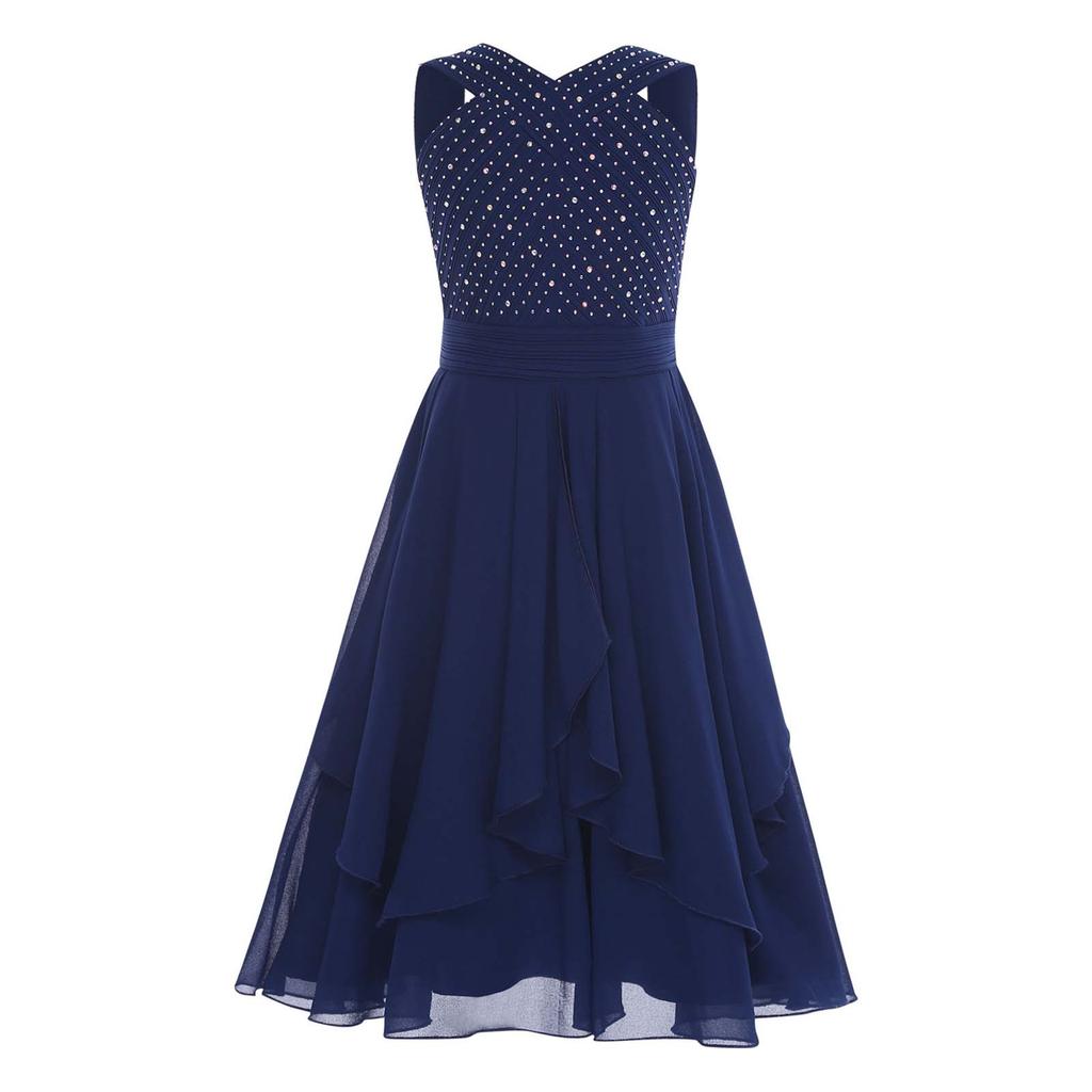 Flickklänning Enfärgad Foder V-ringning Ärmlös Veckad Klänning Glittrande Strassprydd Hög Midja A-linje Studentklänning