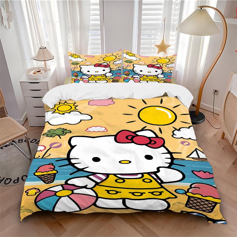 3pcs Hello Kitty On the Beach In Summer Quilt Set Soft and Comfortable Bedroom, Guest Room and Dorm Decor Bedding Set W046
