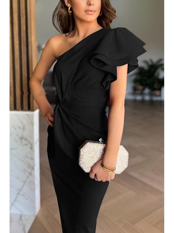 European & American Women's One-Shoulder Cutout Ruffle Sleeve Slit Evening Dress - Solid Color 8082