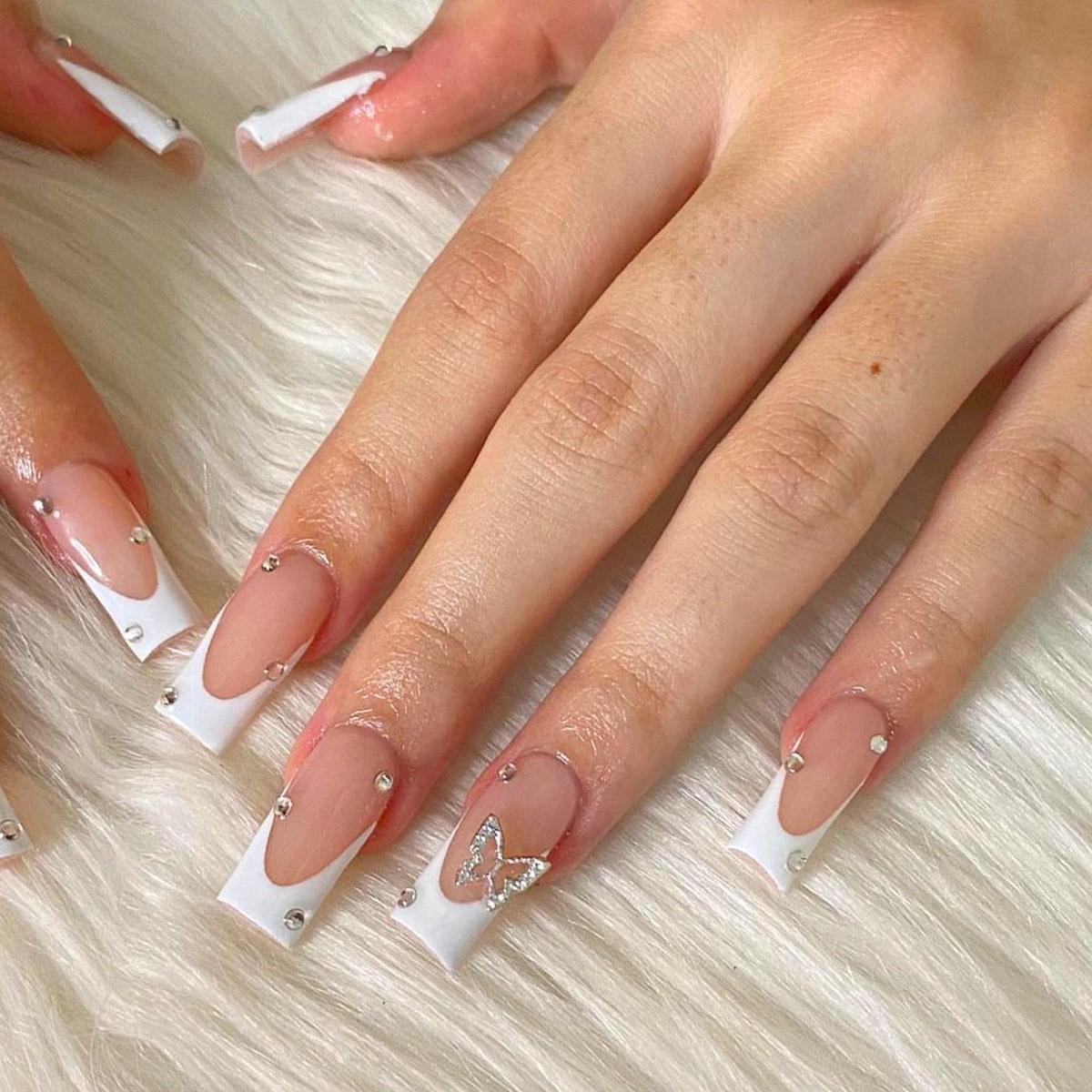 

White French Edge Rectangular Butterfly False Nails with Rhinestones