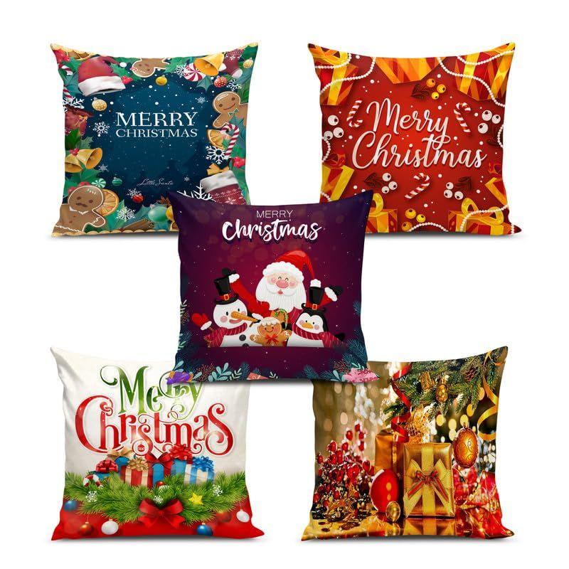 Soft Fabric Designer Decorative Printed Merry Christmas Theme Cushion Cover Xmas Decorations for Sofa Living Room Set of 5 16 x 16 inch Multi 5190₽