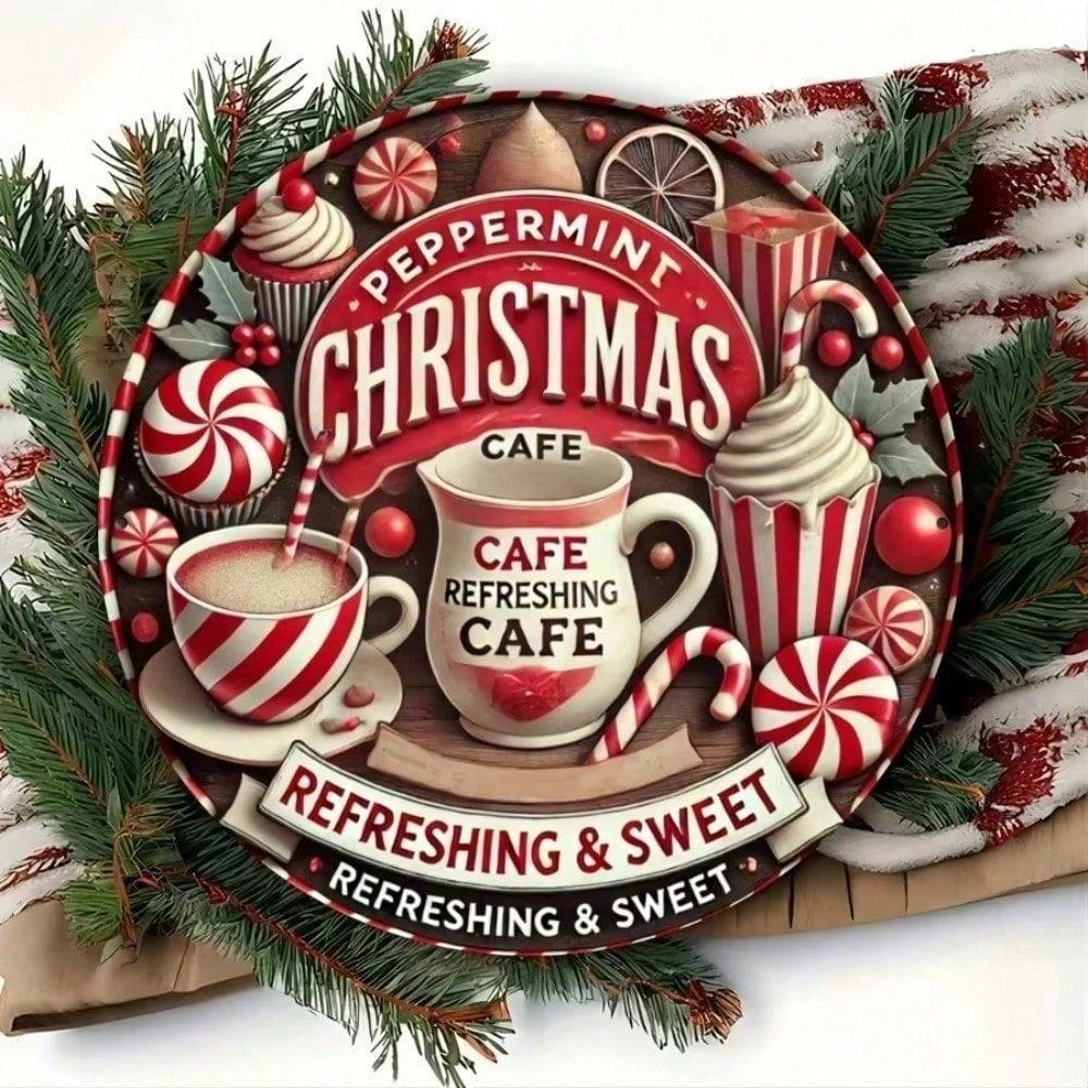 Metal Wall Art Sign, Christmas Cafe Mint Round 8x8, Holiday Kitchen Decor