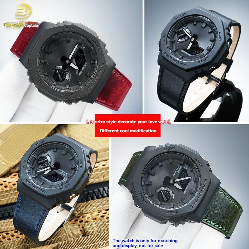 For Casio Farmhouse Oak Watch GA2100/GA2110/GA-B2100 GM2100 Modified Retro Genuine Leather Watch with Men's Leather Chain black