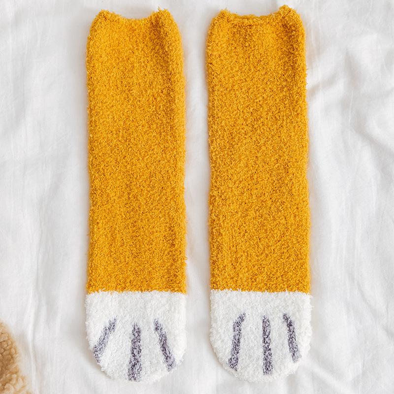 Coral Fleece Cat Paw Socks, Women's Mid-calf Sleeping Socks, Postpartum Floor Thick and Warm Socks for Autumn and Winter