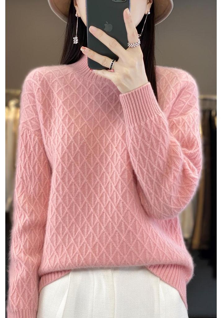 2023 Loose Fit High Neck Wool-Blend Sweater with Diamond Pattern for Autumn & Winter