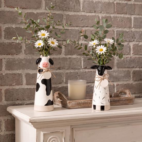 Healing Pastoral Style Gift Resin Cute Animal Vase, Farmhouse Decorative Flower Holder for Home Hand Carved Ornaments Office Decor, Pig/Cow/Sheep