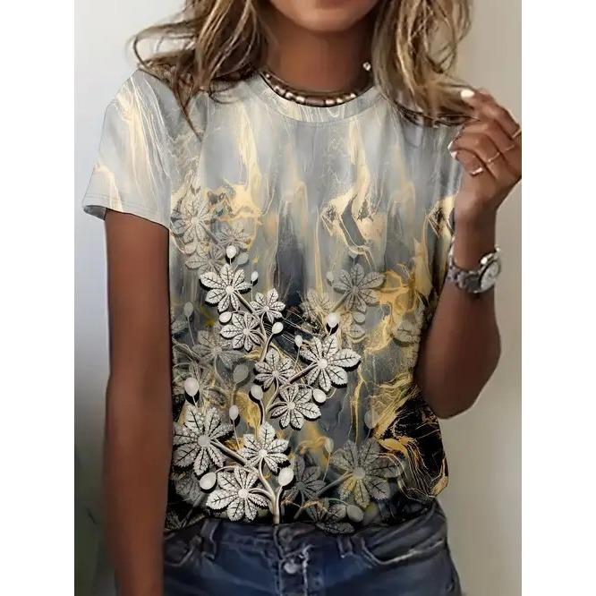 Summer Elegant Temperament Retro 3D Flower Pattern Printed Round Neck Short Sleeved Women's T-shirts
