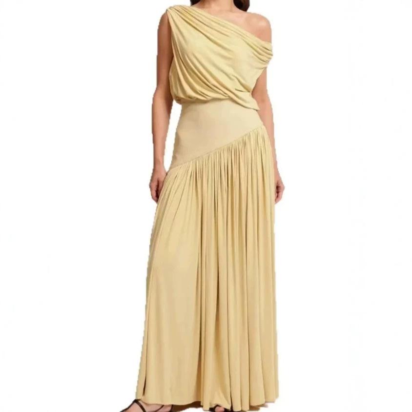 Fashion Casual Sexy Style Irregular Slant Neck Pleated Solid Color Dress Seaside Vacation Dress