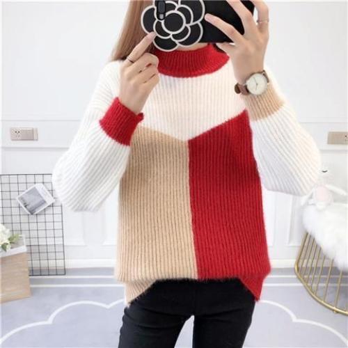 Fall/Winter Women's Color-Blocked Sweaters Loose Pullover Knitwear Half-Turtleneck Stretch Knit Sweater Jumper