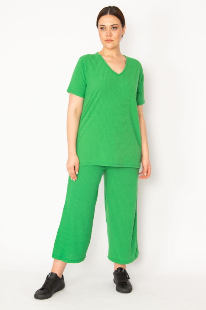 Women's Style Big Size Under-Upper Team Green Camisole Knitted Elastic Waist Wide Leg Trousers V-Neck Blouse Set