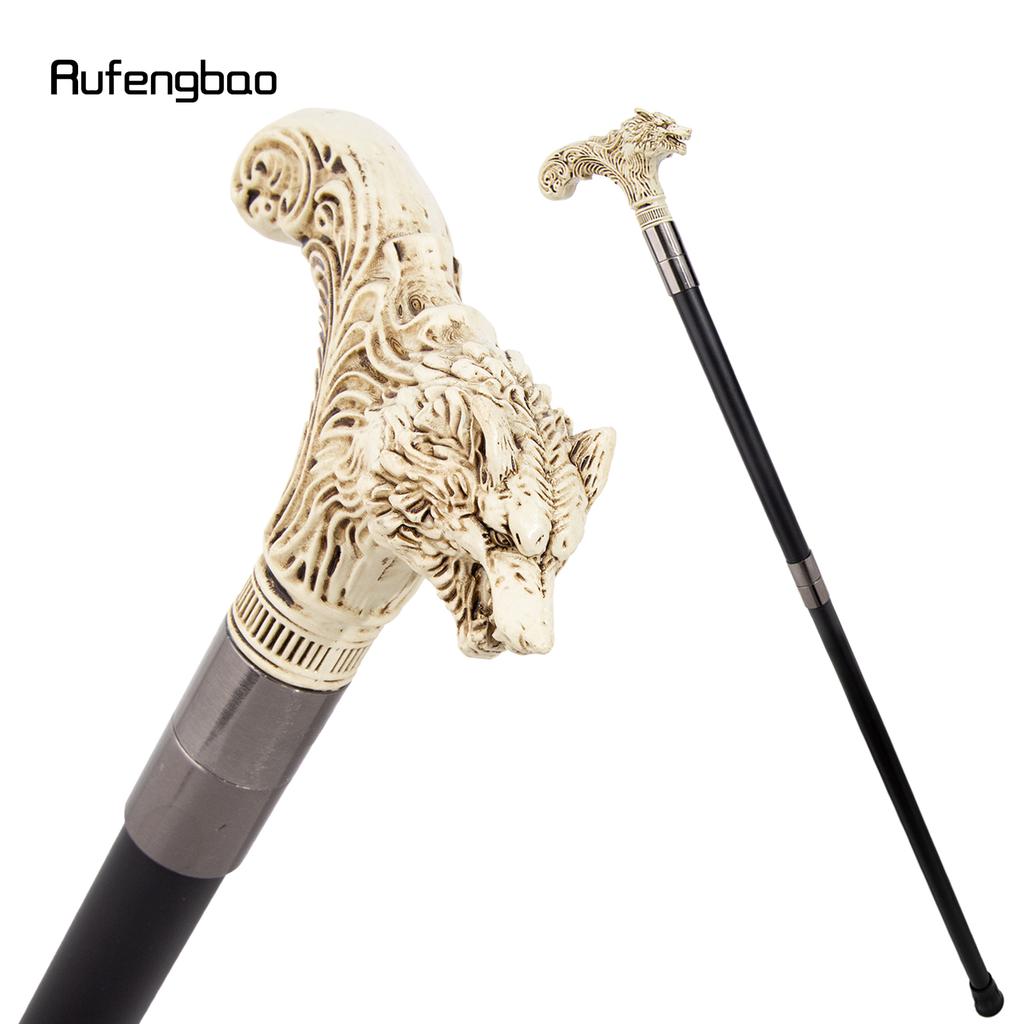 Yellow White Wolf Head Long Handle Decorative Stick Parties Decorative Cane for Halloween Cosplay and Parties Walking Cane 93cm