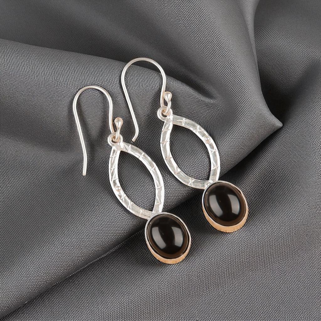 Black Tourmaline Gemstone 925 Sterling Silver Handmade Jewelry Hook Earrings 2" EE-87-25