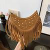 Neue Böhmische Vintage Braune Fransen Tasche, Multifunktionale Crossbody Tasche in Marmorierter Farbe