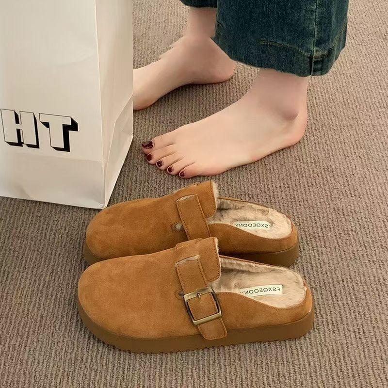Women's Belt Buckle Soft Bottom Large Size Thickened Winter Warm Fur One Padded Lining Ankle Boots Non-slip Baotou Cotton Half Slippers