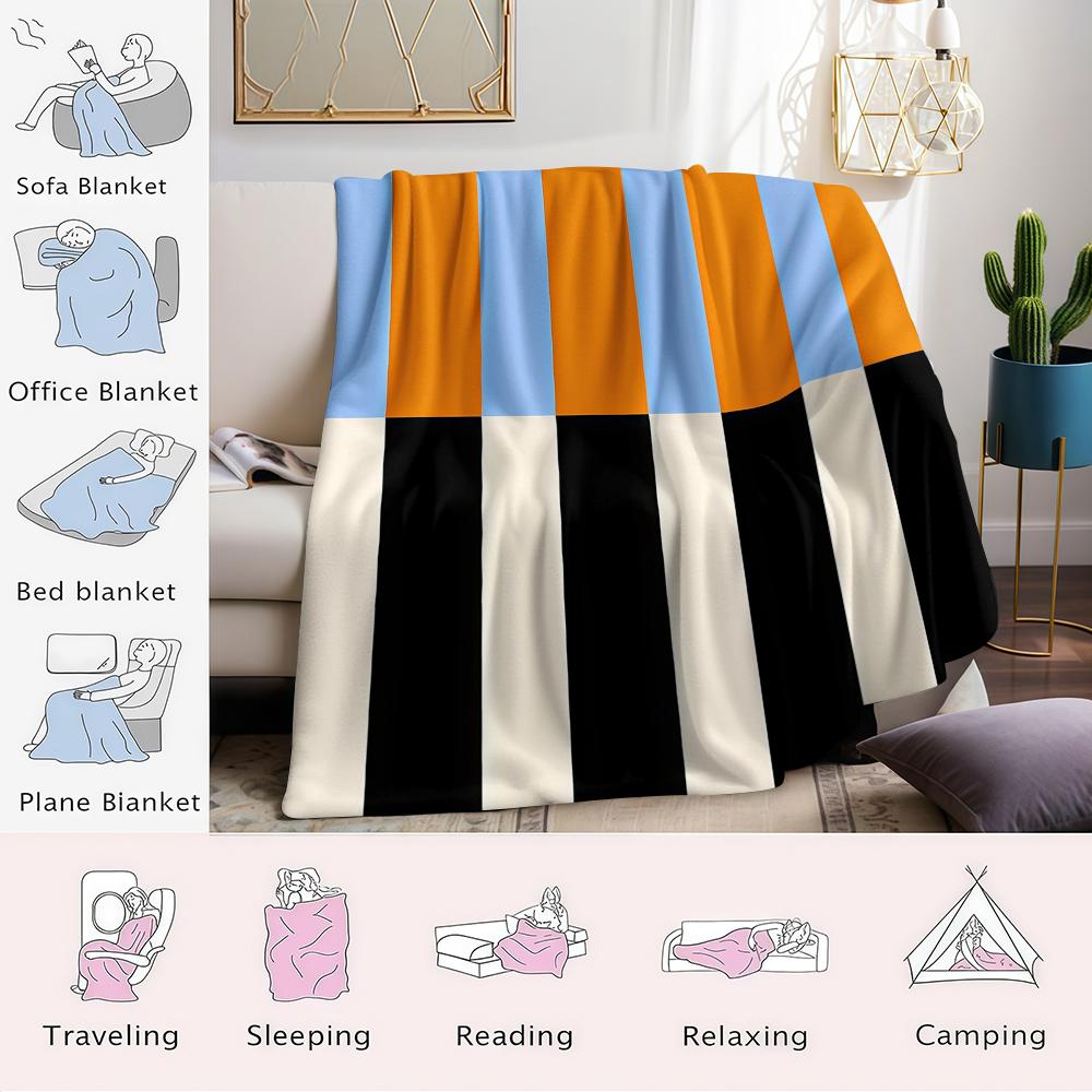 Color-Block Stripes Orange Black Flannel Blanket Warm Soft Halloween Christmas Couch Warm Cozy Decorative Decor For All Season