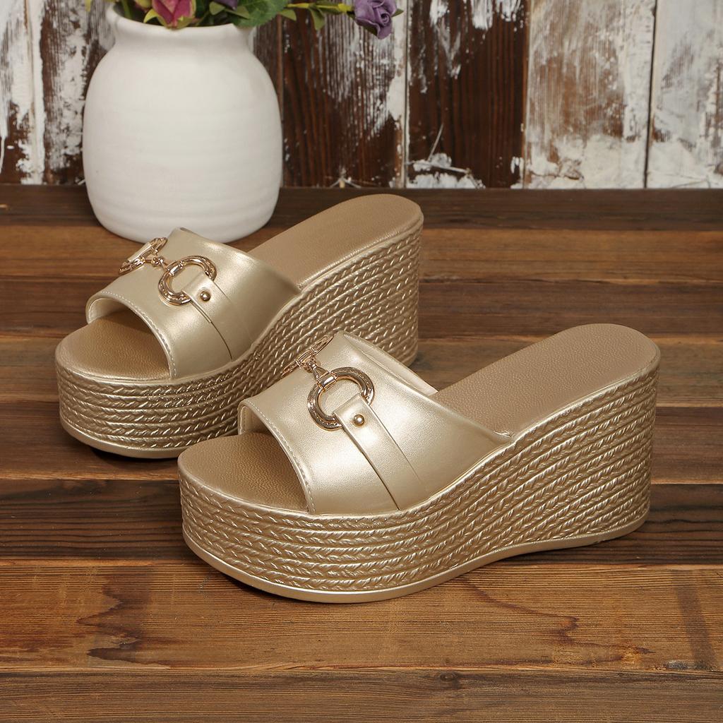 Pegged Platform Women's Open-toe Thick-soled Wedge Slip-on Large Size Open-toe Slip-on Shoes