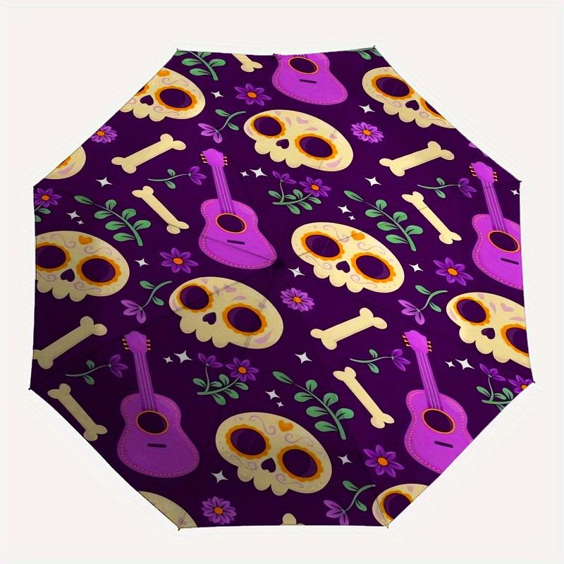 1pc Skulls,Guitars Automatic Folding Umbrella: Compact 8 Bone Design Cartoon Outdoor Travel Companion, Business Umbrella, Christmas Valentin