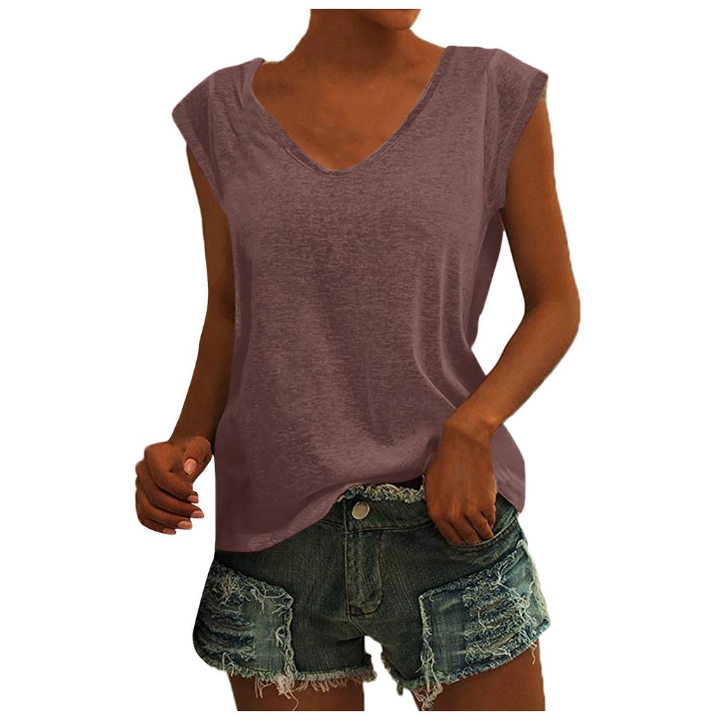 Women's Fashion Color Cap Sleeve V Neck Casual Loose Short Sleeve T-Shirt Top