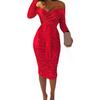 Lady Dress Contrast Colors Off-shoulder V Neck Slim Fit Spring Sheath Dress for