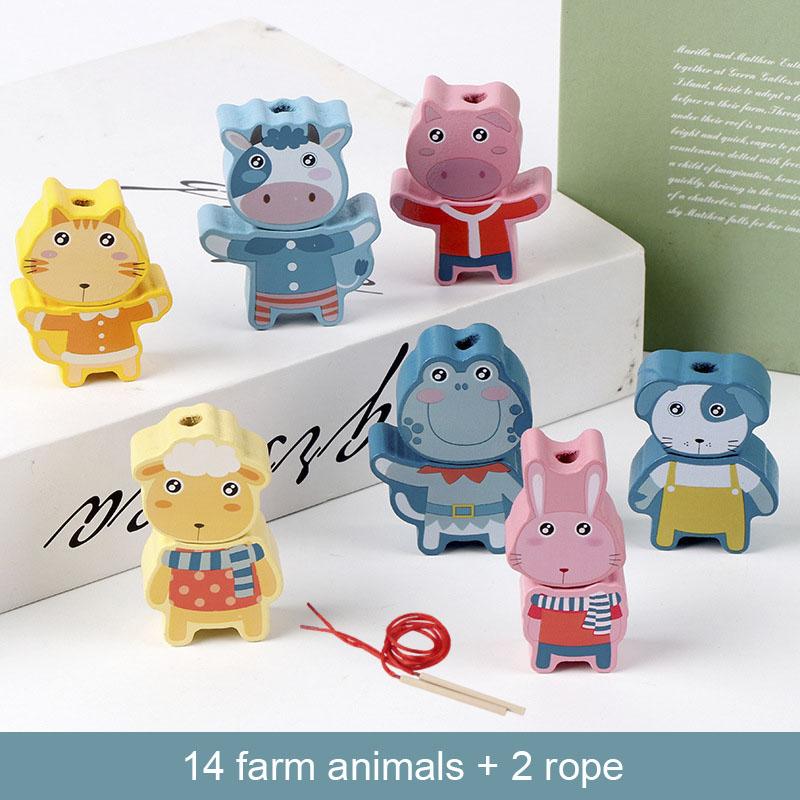 Kids Montessori Wooden Lacing Toy DIY Wooden Beads For Children Cartoon Animals Fruit Letter Digital Beads Threading Toys Gifts